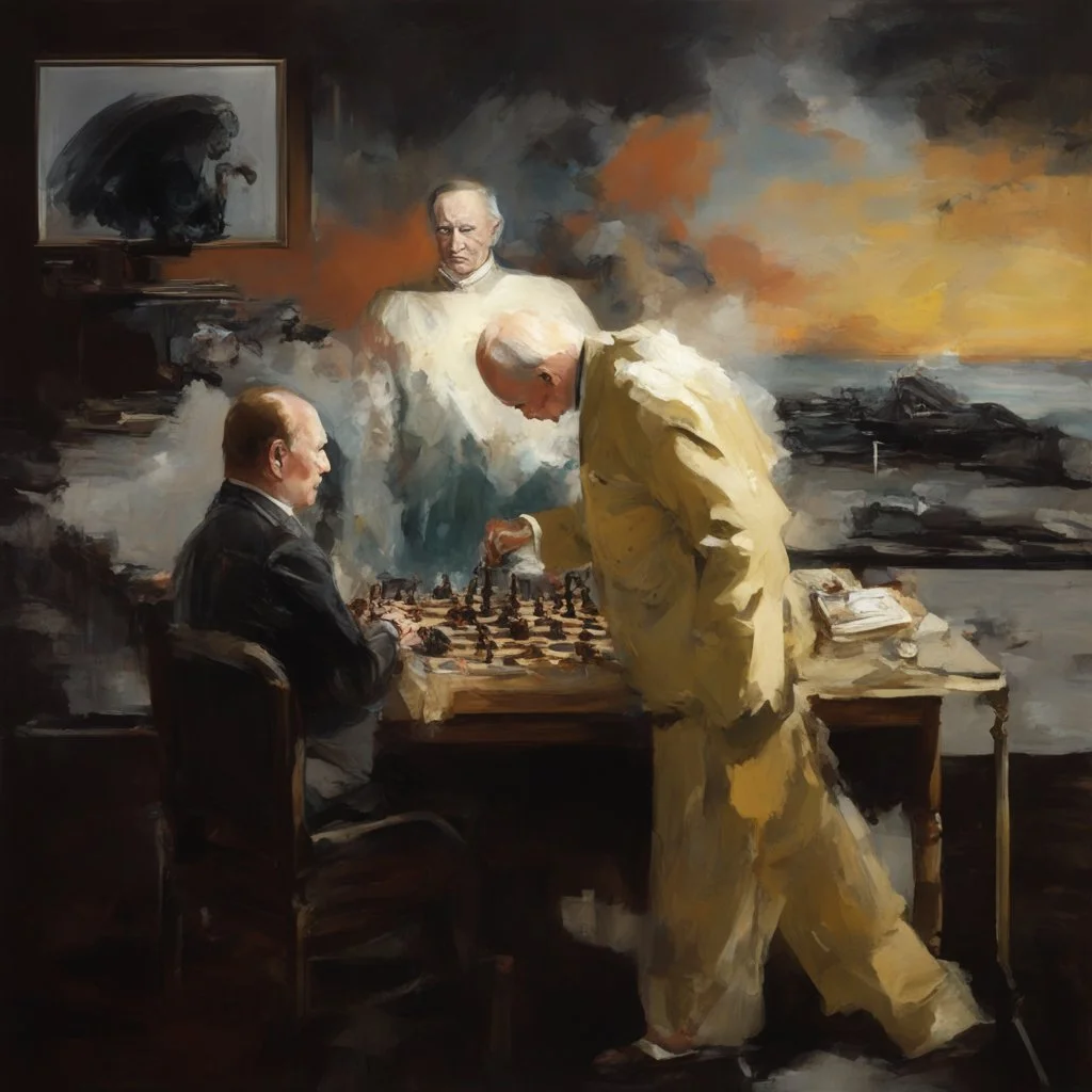 Putin, President Xi Of China And Joe Biden Play Chess With Atomic Bomb Mushroom Cloud,Complex Surgical Instruments Intermixed With A Newborn Boy,Minimalism,Painting By Adrian Ghenie,Rene Magritte,Pablo Picasso,Michelangelo,Salvador Dali,Lucian Freud