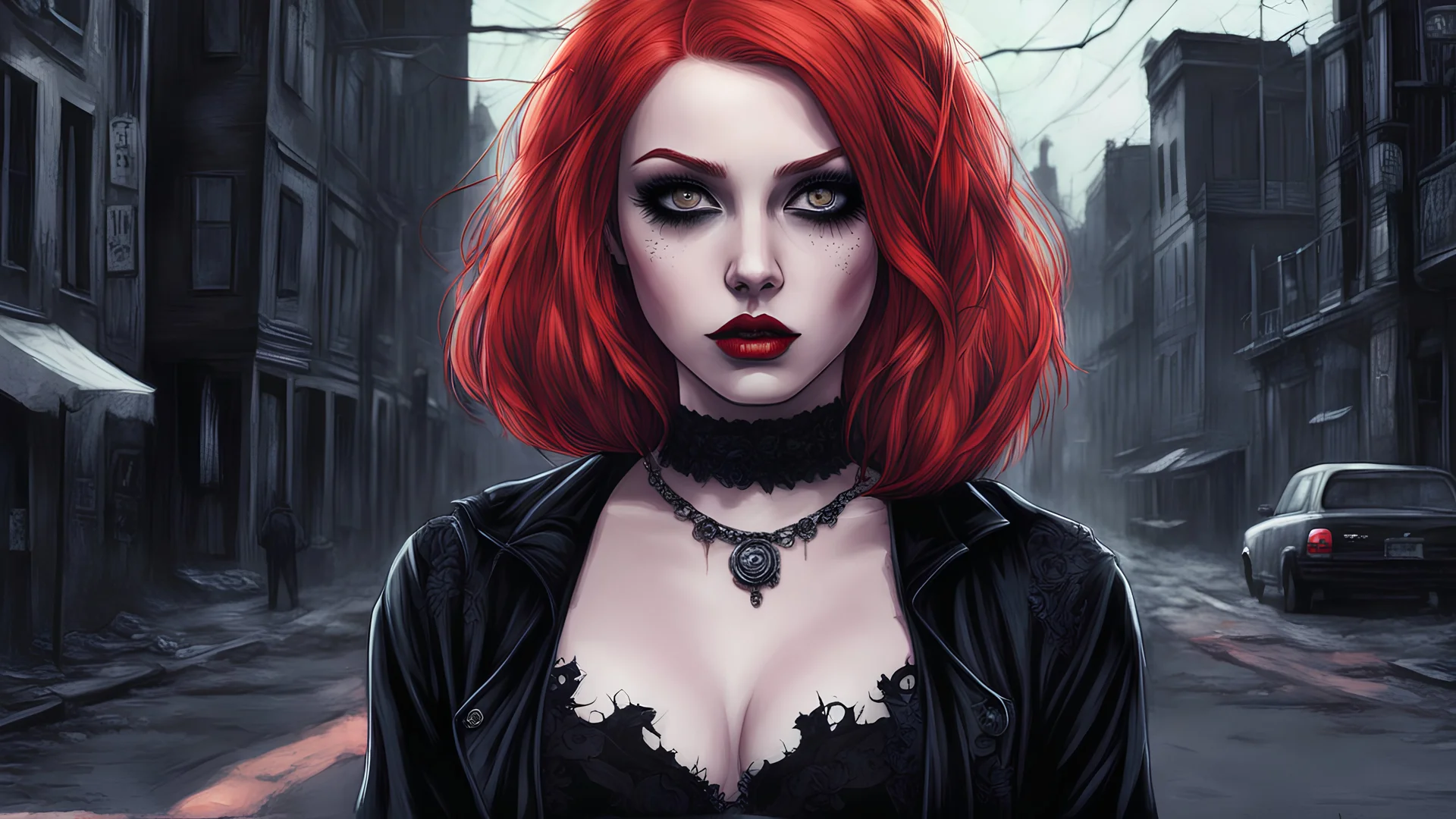 horror-themed, Dark shot, city street, pastel goth, sexy goth girl, photo of cute 24 years old redhead woman, eerie, unsettling, dark, spooky, suspenseful, grim, highly detailed, graphic illustration, comic art, graphic novel art, vibrant, highly detailed