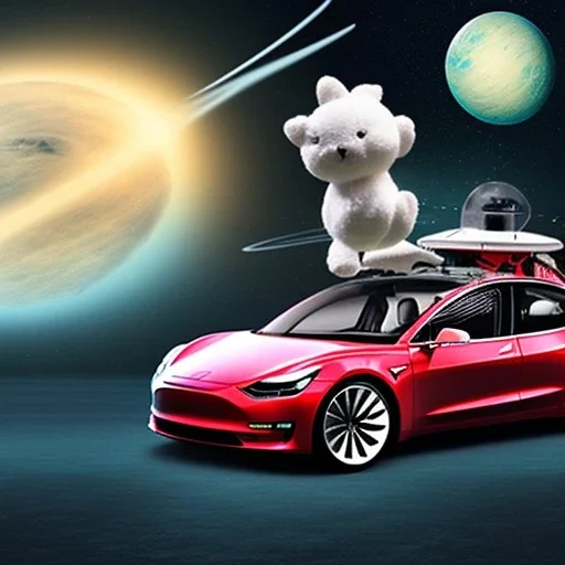 A Tesla Model 3 flying in outer space with 3 stuffed animals in the driver’s seat