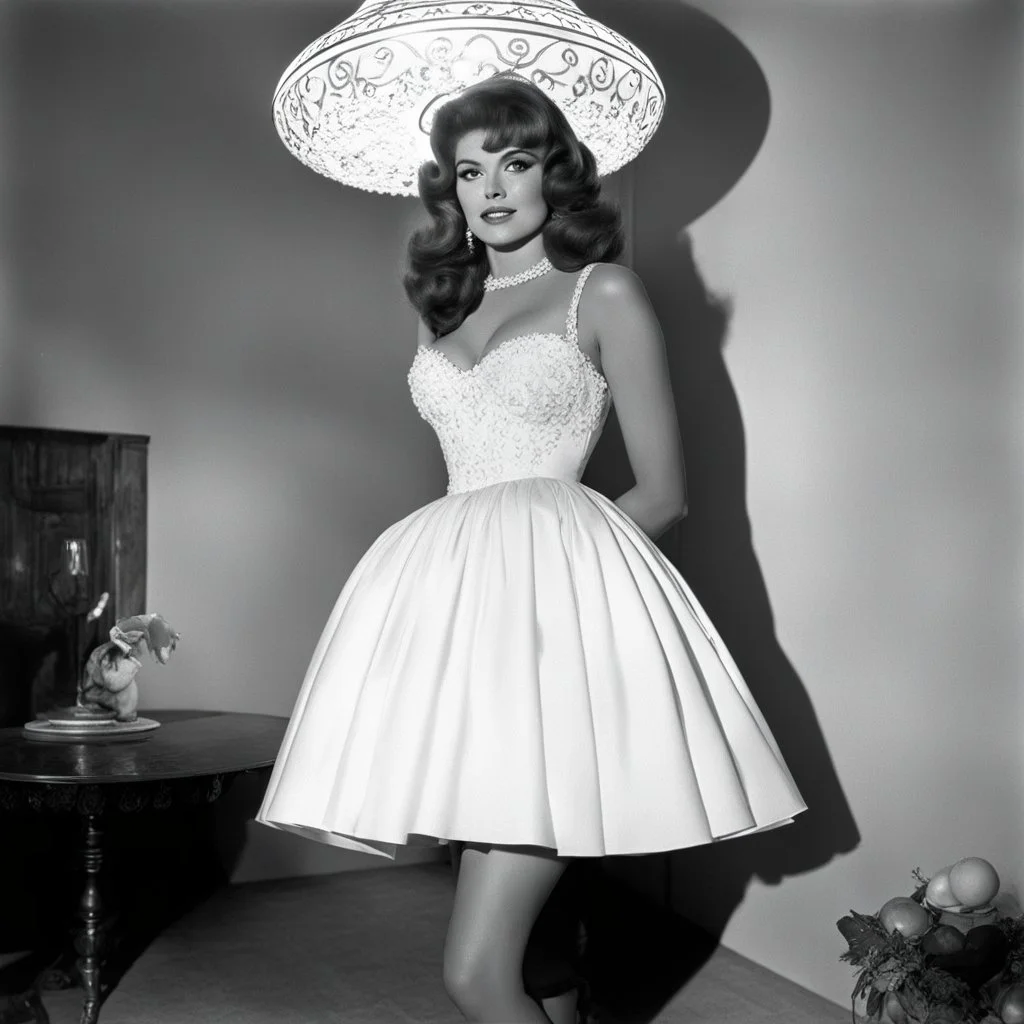 [high res photo by Russ Meyer] the bottom of her dress is a Lampshade, light from inside, view from below [spanish fiesta]