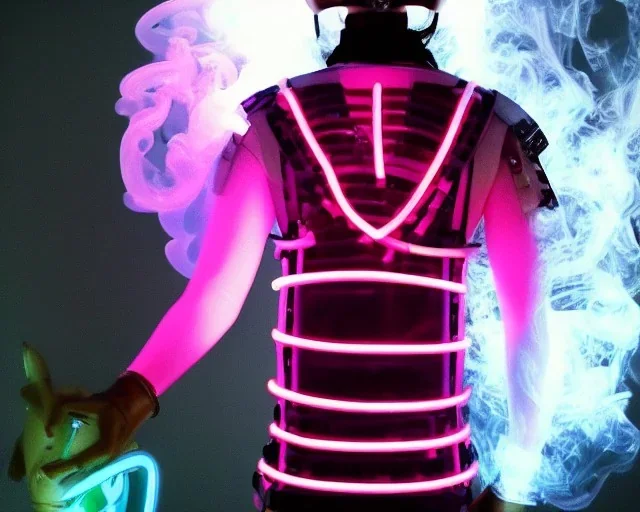 futuristic neon crystal sekeleton samurai smoke