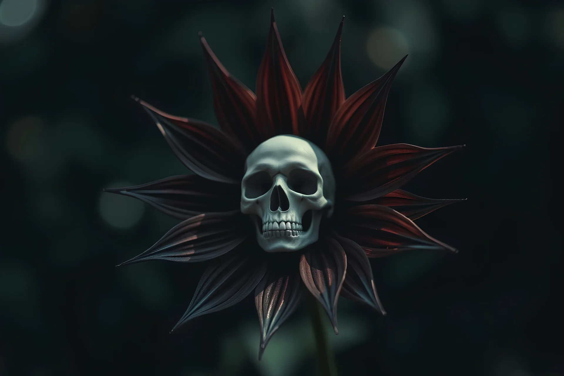 slant angle, tilt art bokeh, dark shadowy scene. flower of death with a skull in the center, sharp jagged petals surround the center. metaphorical, fantasy art.