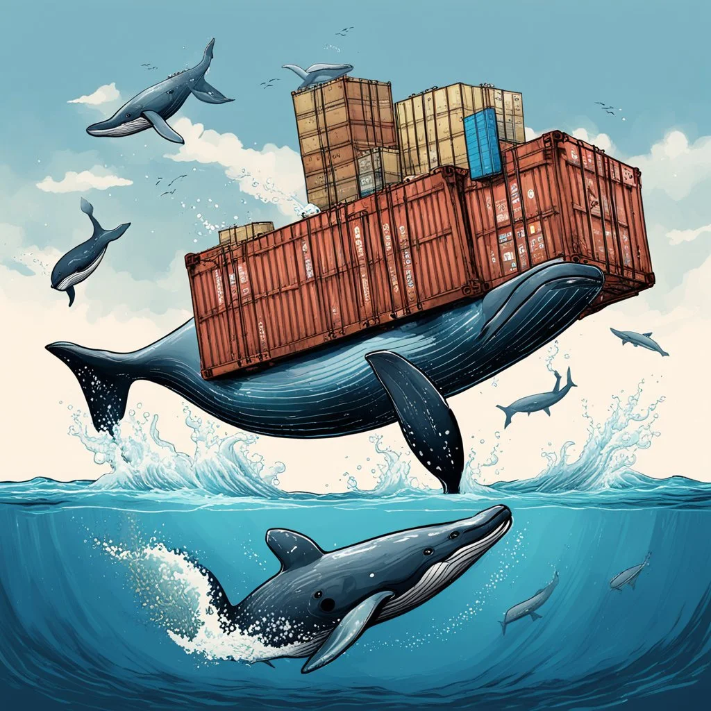 A whale carrying shipping containers on its back , swimming in the ocean. Digital Art, Digital Drawing