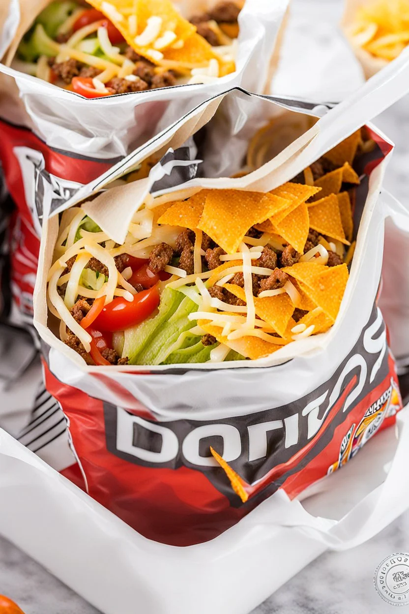 "Taco in a Bag" which consists of an open Doritos chip bag with sides rolled down, containing Doritos chips and cooked ground beef and lettuce and shredded cheese and chopped tomato pepper and onions and topped with more nacho chips, plastic fork, food blogger photography