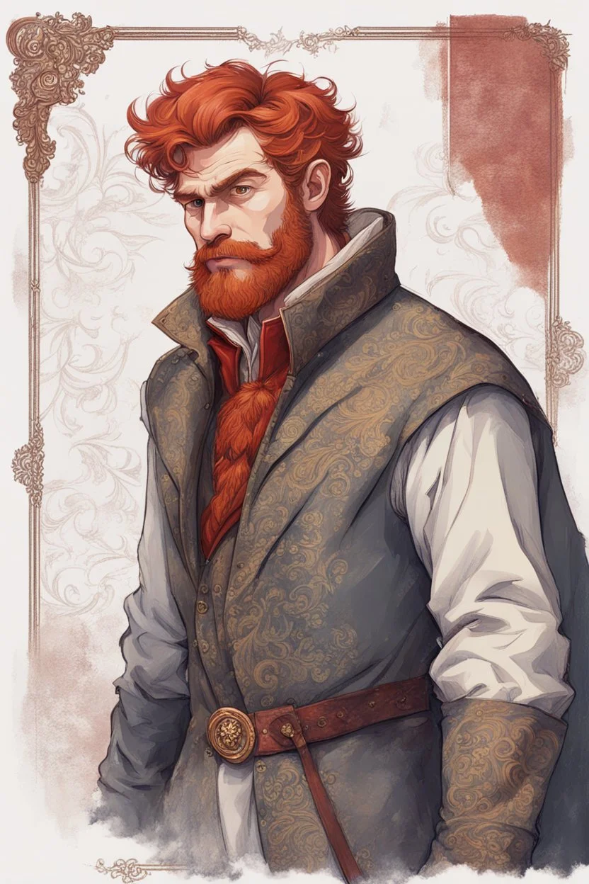 man, medieval, fighter, russian, croocked nose, czar, rich, simple clothes, short messy hair, thick beard, oligarch, leather coat with fur, brocade clothes, pencil drawing,red hair, muscles, background frame, 20 years old