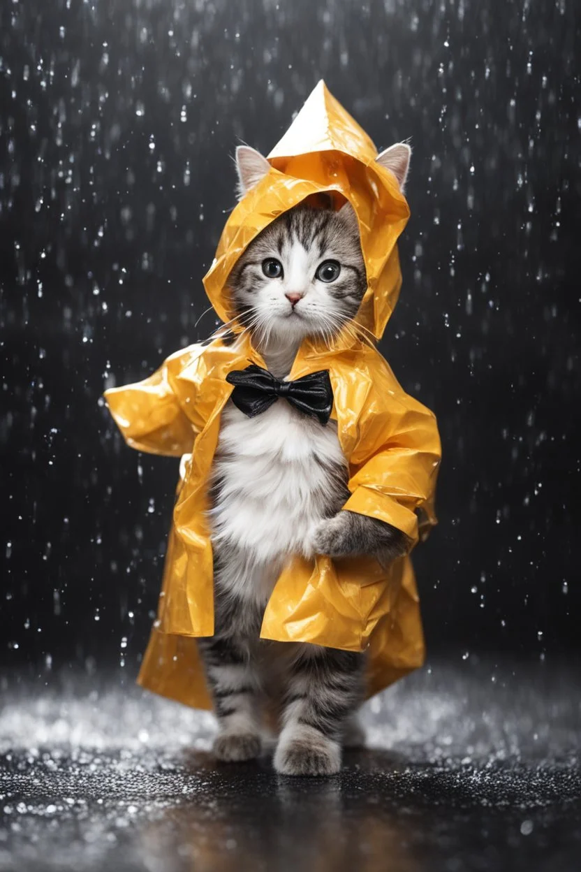 baby cat in raincoat. Chibi, Photograph, Canon DSLR, Tilt - shift, black background, high definition, Complete and coordinated composition, 8k