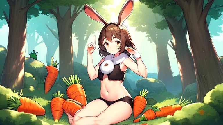 Girl, brown rabbit ears , brown rabbit tail, brown hair, open navel, forest, morning, carrot in hand, sit, , fur on hand and feet.