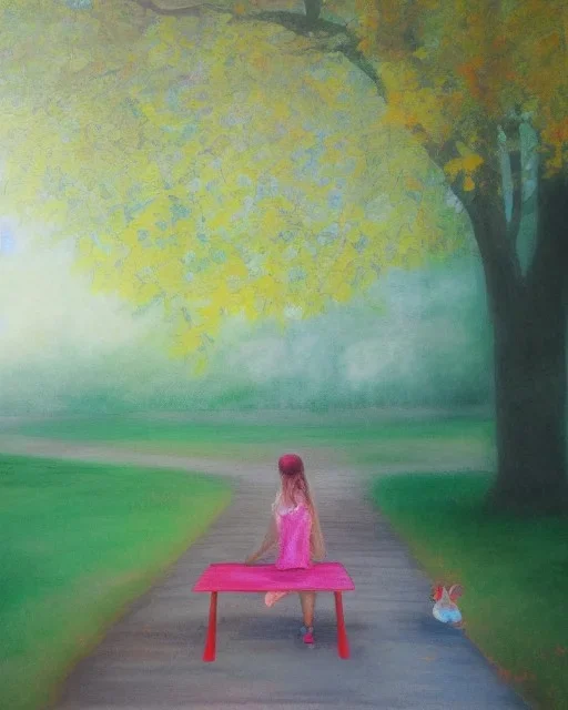 park mystical dream, park bench, man, woman, child, dog, trees, path, bird, sunshine, mystical, fantasy, romanticism, pastel colors, daylight, daytime, acrylic painting, detailed, soft focus,