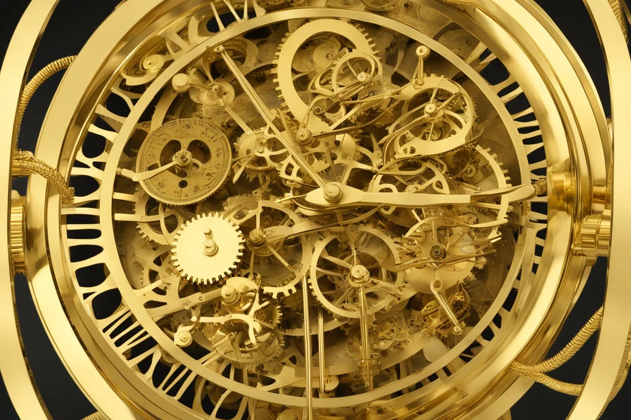 clockwork orrery, with clockfaces, cogs, springs, polished brass