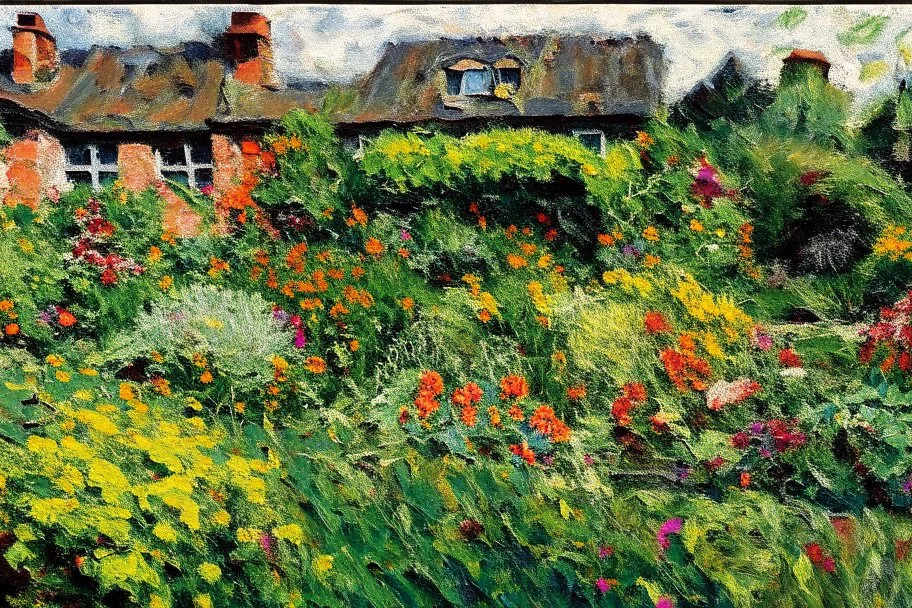 English cottage garden in the style of frank auerbach