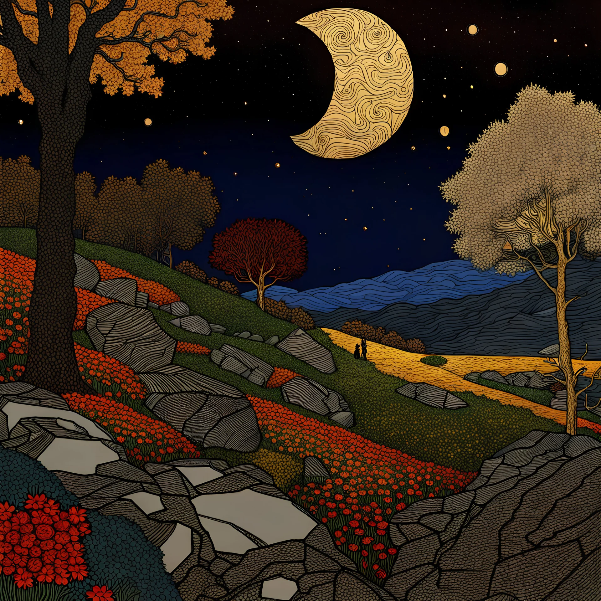 Colourful, peaceful, Egon Schiele, Max Ernst, Vincent Van Gogh, night sky filled with galaxies and stars, rocks, trees, flowers, one-line drawing, sharp focus, 8k, deep 3d field, intricate, ornate