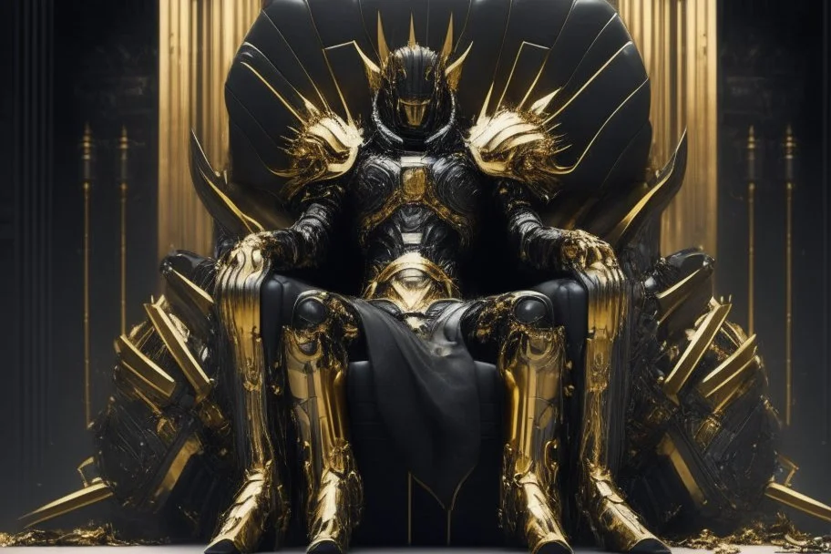 armadura dorada y negras super futurista, sentada en un trono negro con cañones