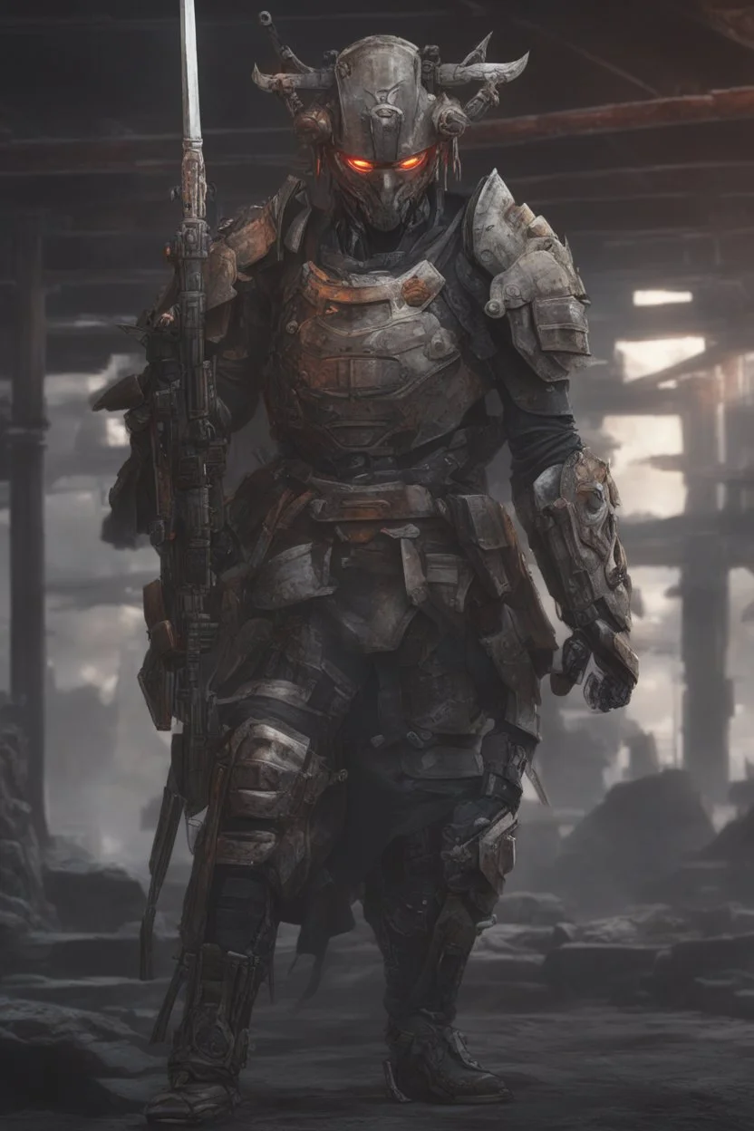 Anime depiction of a cybernetic samurai in a post-apocalyptic setting, focusing on the intricacies of the armor and weaponry, 8k realistic