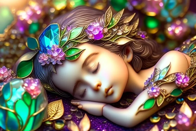 closeup, cute chibi sleeping fairy, Coloured glass flowers set with gemstones, glittering metal stems and gemstone leaves on a room table sharp focus elegant extremely detailed intricate very attractive beautiful dynamic lighting fantastic view crisp quality exquisite detail in the sunshine gems and jewels