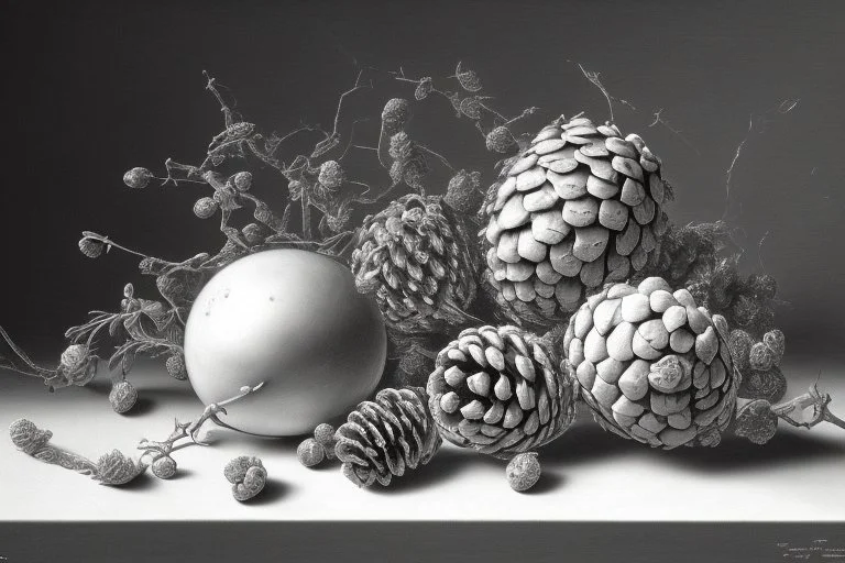 a realistic still life graphite drawing of pine cones in the classical style of Pieter Claesz, Jan Jansz. van de Velde and Anthonie Leemans