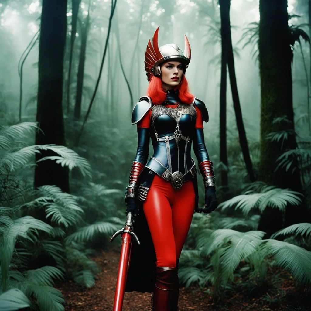 [Valkyrie by Helmut newton: humid jungle forest] thin rainbow barbarella alien warrior tattooed with light helmet and red rubis for eyes leather boots and agent provocateur vivid mithril armour she is supercharged with heavy weapon Zweihänder (Retrofuturism: Where Yesterday’s Tomorrow Still Shines on the foggy battlefield) ready with no inhibitions