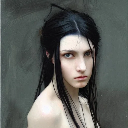 a painting of a woman with long black hair,an oil painting, painted by addition of overlapping layers of color, glazing technique, hyper realistic painted long tangled black hair ,very pale skin, intricate precise detail, inspired by John William Waterhouse, figurative art, in yoji shinkawa's art style, closeup faces, annoyed expression, looking directly at us, weak and weary, hyper realistic facial feature painting, red rimmed eyes dark circles, pouty parted lips, hyper realistic oil painting,