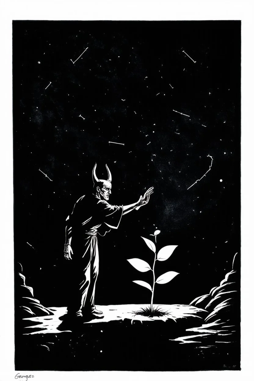 satan stands at the edge of a deep, shadowy abyss, reaching out a hand not in despair, but to steady a fragile, glowing seedling that has miraculously sprouted from the darkness. The scene is rendered in the stark, fragmented style of Georges Braque, with cubist influences breaking down the forms of the figure and the abyss. Celestial Symbolism elements weave through the composition, with faint constellations appearing in the void and the seedling emitting a divine, ethereal light.