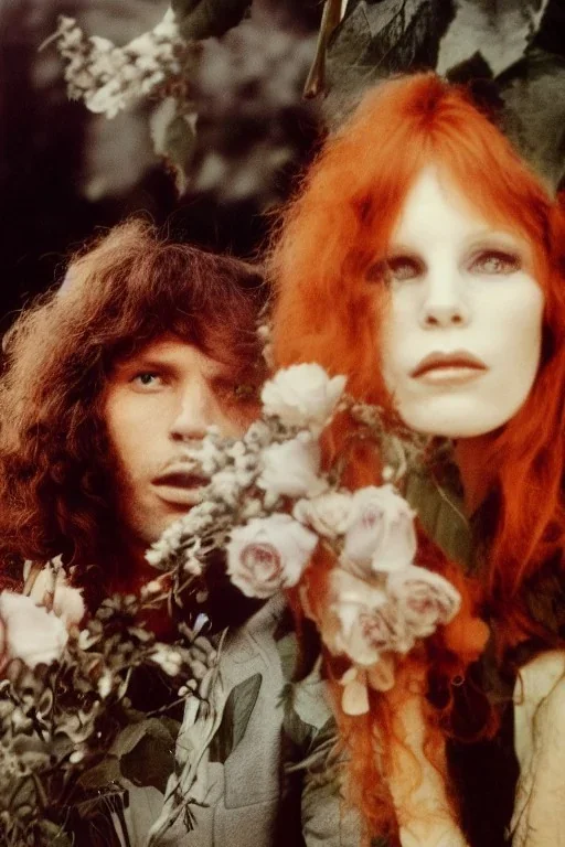 Jim Morrison and Pamela Courson ,music, NSFW, watermark, bohemian style , blurry,beautiful,elegant,roses, fantasy by anni dittman