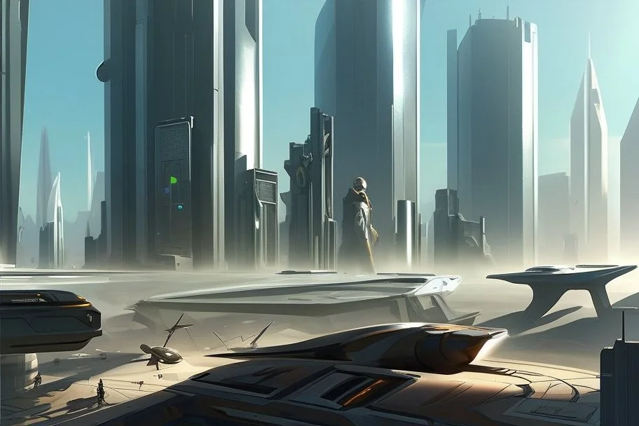 sunny day, modern contemporary city, sci-fi, people, epic