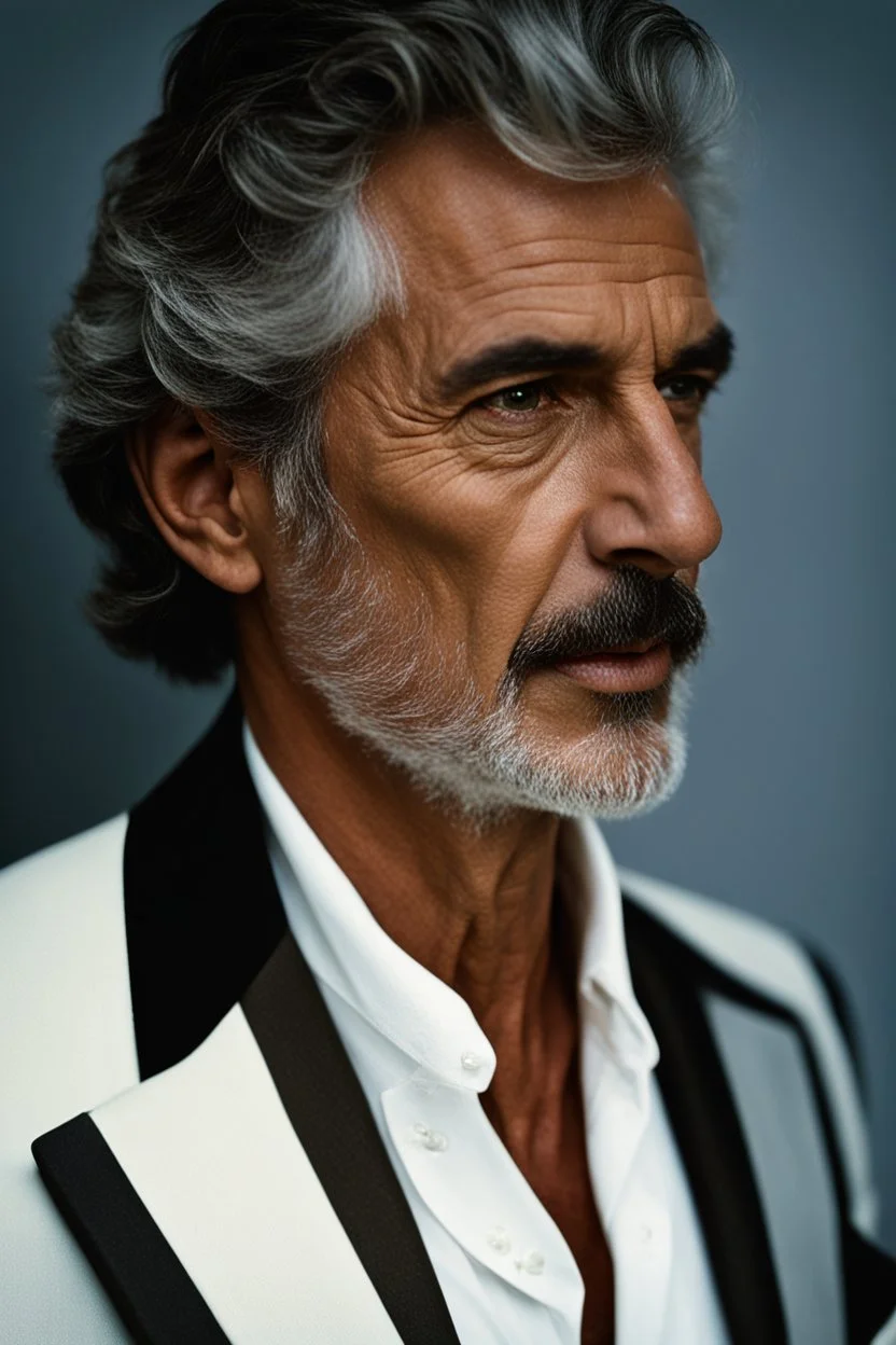 Portrait of a handsome older italian gentleman wearing crisp white linen suit, and an open necked shirt. His dark hair is peppered with grey, his neatly trimmed beard is dark and peppered with grey