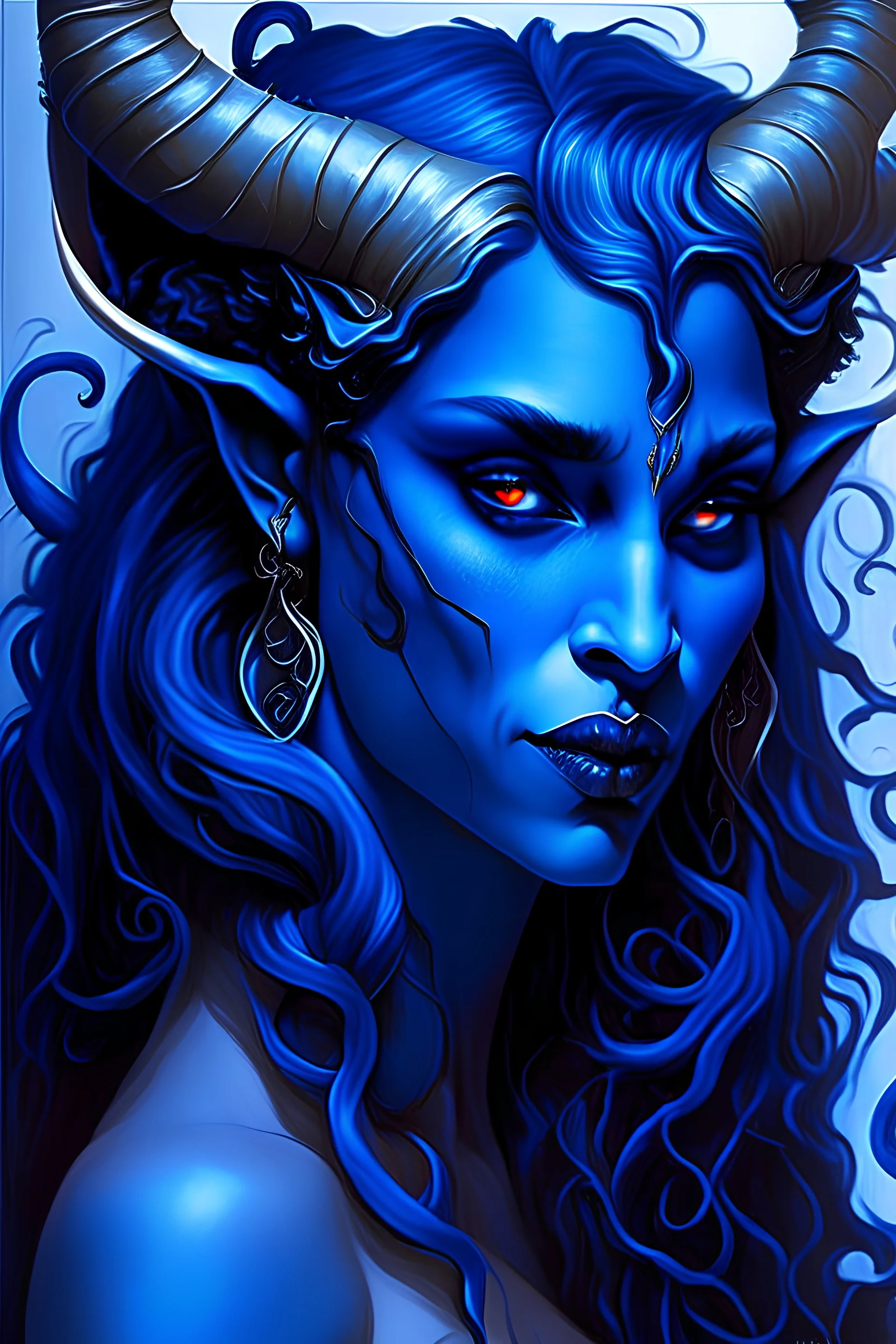 a captivating blue-skinned devil with elegant horns and allure beyond compare. Her seductive nature is represented through her enchanting voice, mesmerizing gaze, and irresistible charm. She has stunning blue skin that shimmers like a moonlit ocean. Her long, flowing hair cascades in midnight blue waves, framing her alluring face. Horns, elegantly curved like a crescent moon, adorn her forehead, adding an enigmatic charm to her appearance. Her eyes are deep pools of sapphire, holding a seductive
