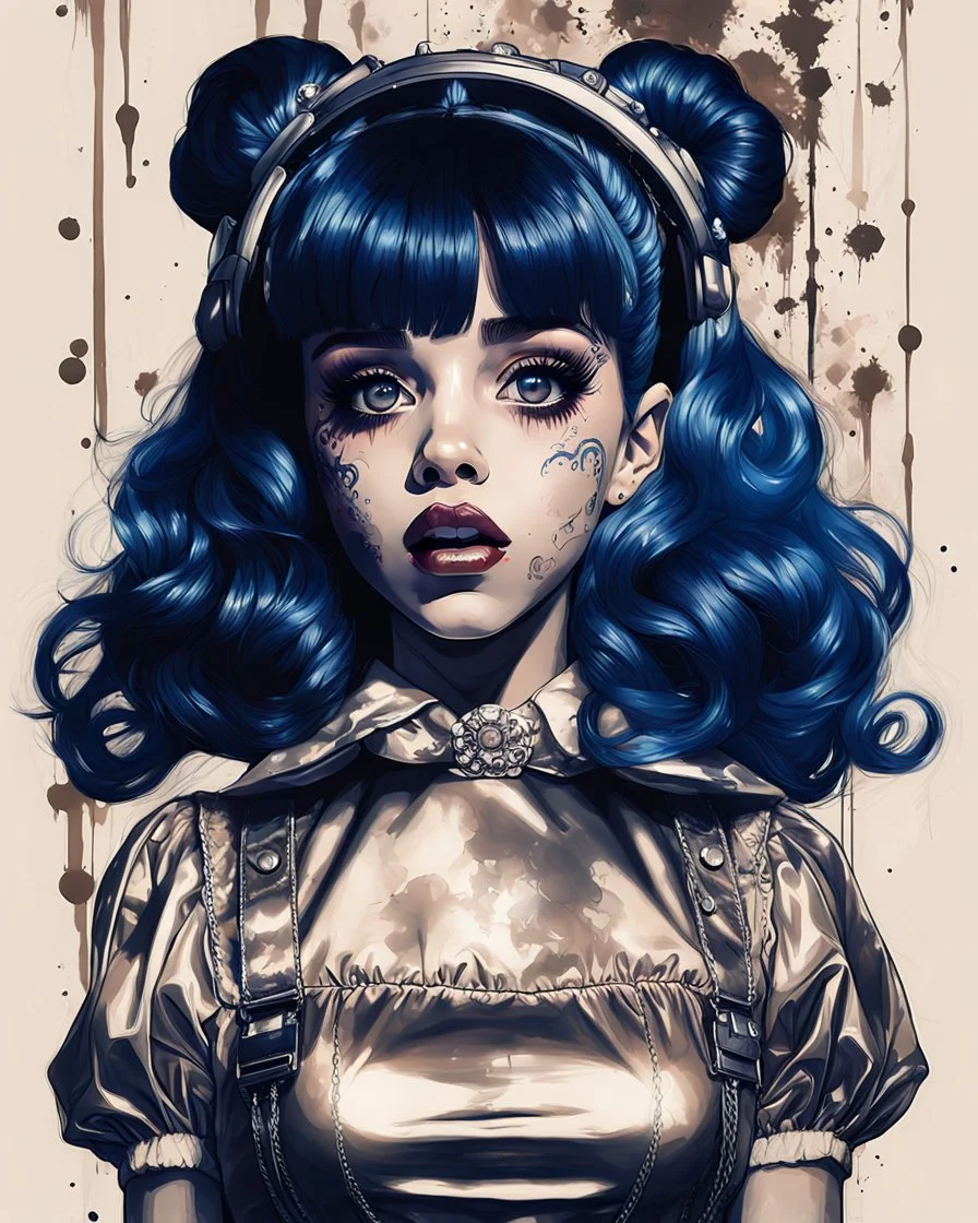 Poster in two gradually, a one side the Singer Melanie Martinez face, full body, painting by Yoji Shinkawa, darkblue and sepia tones,sinister, detailed iridescent, metallic, translucent, dramatic lighting, hyper futuristic, digital art, shot with Sony Alpha a9 Il and Sony FE 200-600mm f/5.6-6.3 G OSS lens, natural light, hyper realistic photograph, ultra detailed -ar 3:2 -q 2 -s 750,malevolent goth vampire girl face and other side