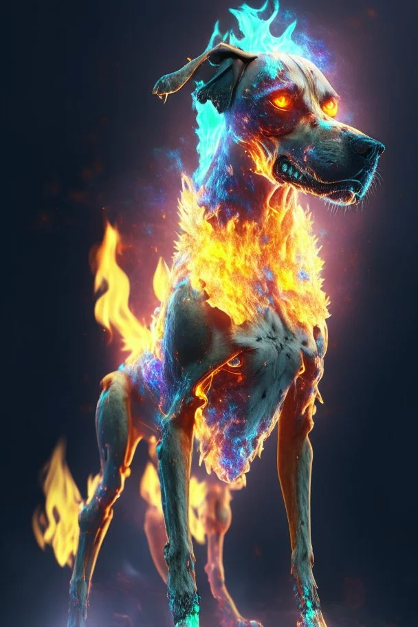 Zombie dog fire humanoid fused ,extremely detailed,crystal clear, mystical colors ,perfectly centered image, perfect composition, rim light, beautiful lighting, 8k, stunning scene, raytracing