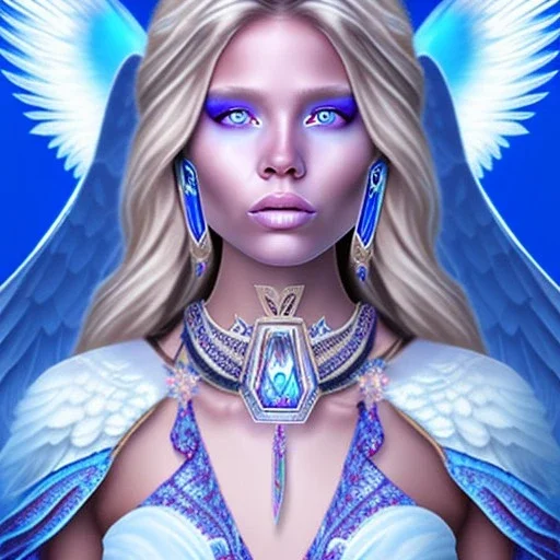 portrait of a beautiful aztecan woman with an angel face smiling,long blond hair, blue eyes, pink and blue dress, jewels, soft light aura