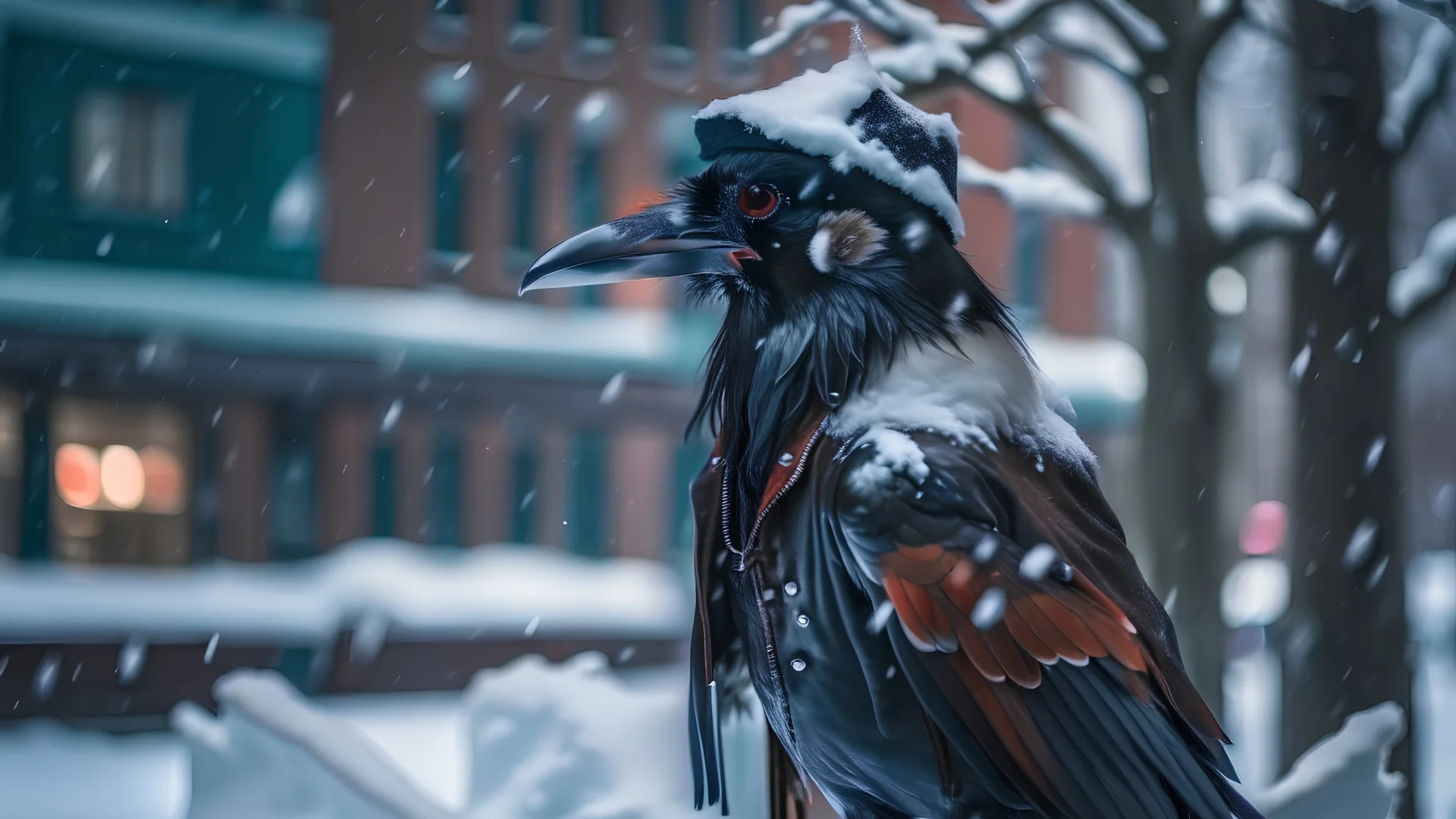 Capture a image of a crow wearing a punk leather jacket within a snowy Christmas atmosphere. Embrace a minimalist photographic style. Ensure the composition highlights the crow's distinct punk leather jacket against the backdrop of a winter Christmas ambiance, creating a captivating minimalist scene.