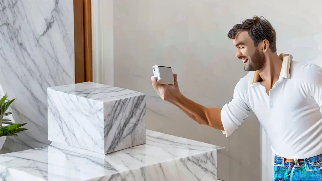 guy on phone at marble tabletop pointing at empty delivery box