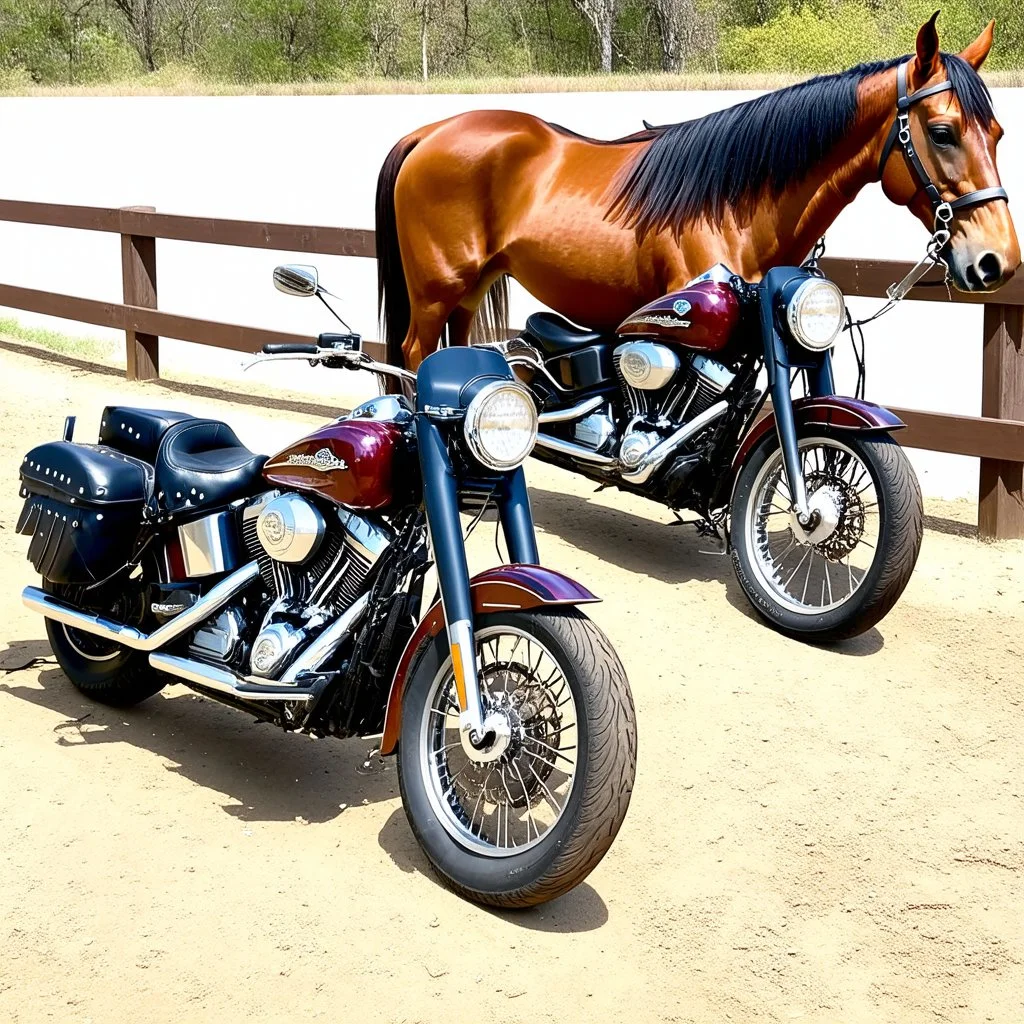 a harley davidson pan america 1250 motorcycle, next to a Indian Springfield Dark Horse motorcycle. next to a horse who's facing away and tied by the reins to a wood railing. white background. dirt ground. silkscreen style image