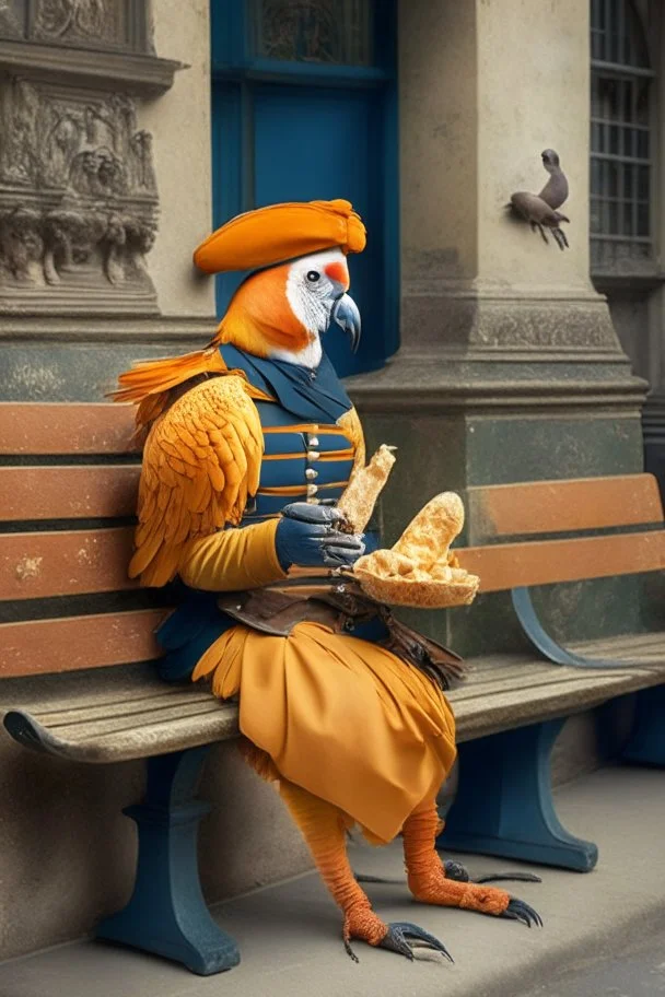 Half parrot half human in a 1700s Orange Dutch uniform siting on a bench in a Dutch city eating a baguette