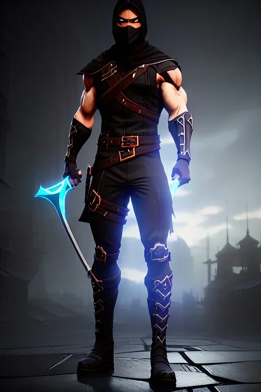 muscular ninja assassin, athletic build, wearing black and gray baggy pants with pockets, black hood and black balaclava mask, big boots, buckles, straps, daggers, dark hazel eyes, eyes are both in proportion and green, 3/4 look, standing, dark cobblestone alley, candle light behind head, intense, non photorealistic rendering in the art style of j.scott campbell