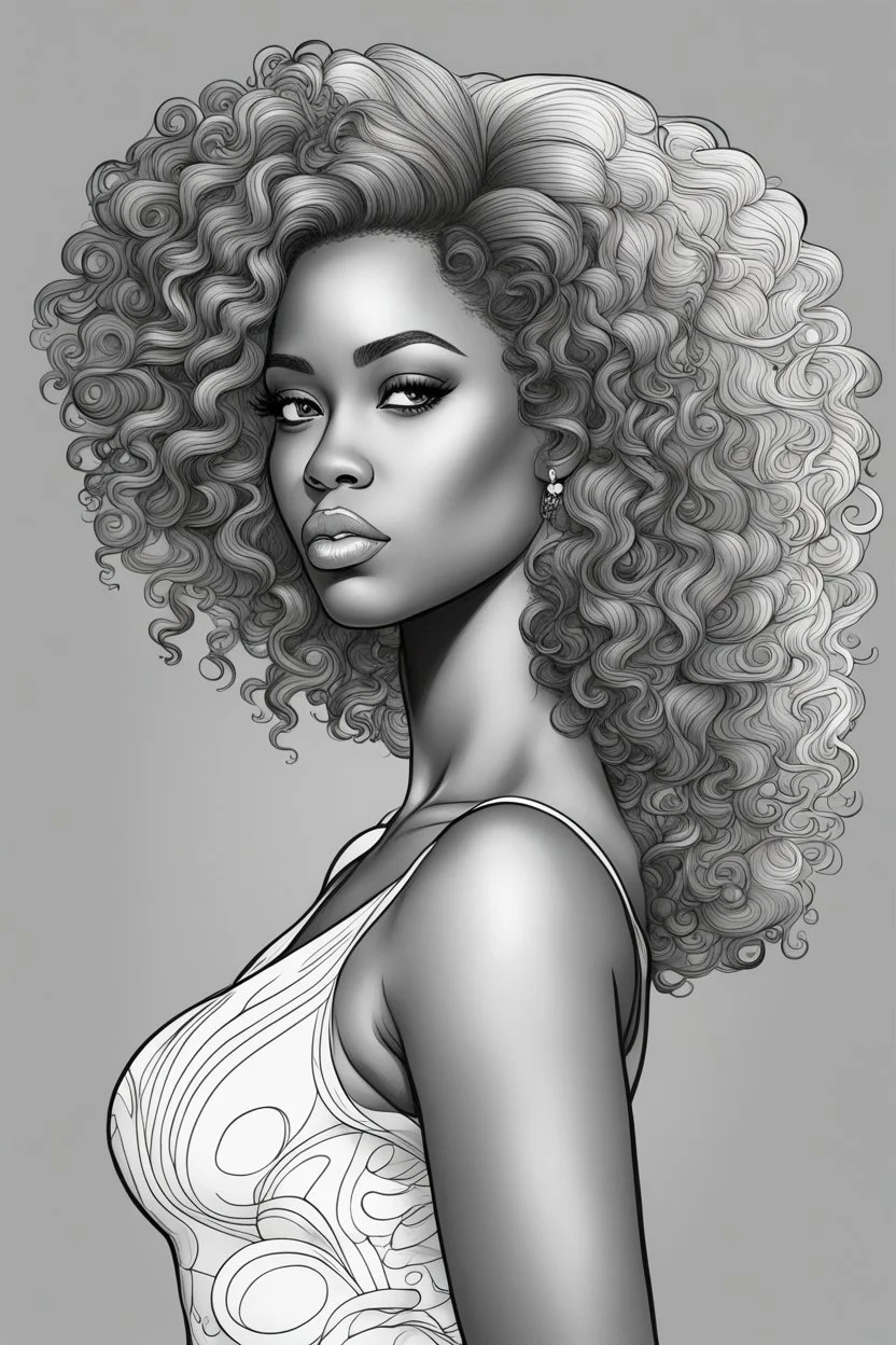 Create a coloring page of a beautiful curvy black female looking to the side with curly hair. No shading, No color, clean lines