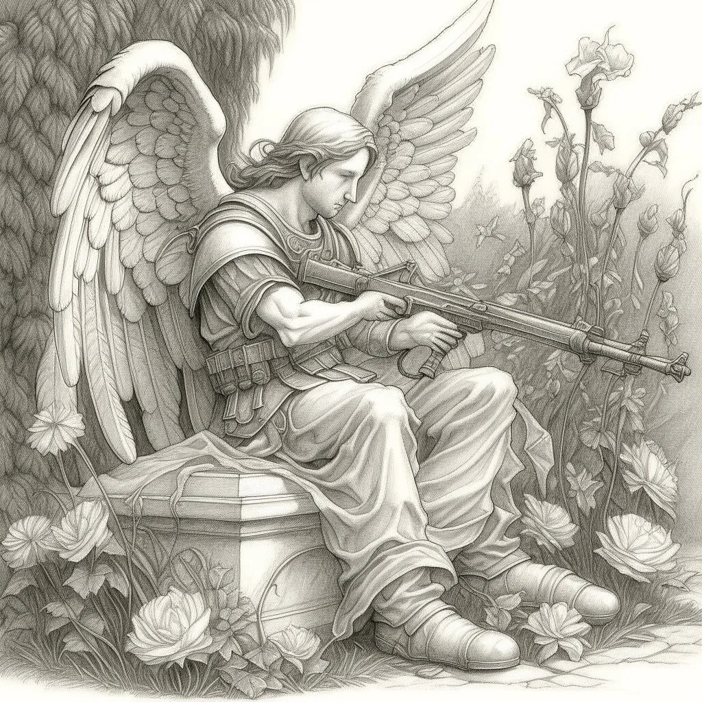 renaissance style angel, sitting in a garden, inspecting an ak 47 gun, pencil sketch, beautiful