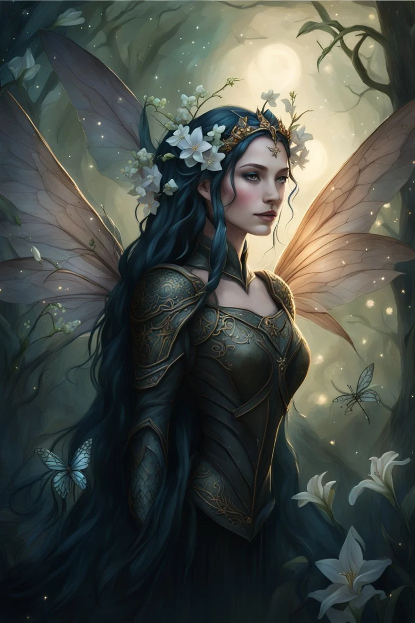 Peach hair ,Hydrangea,orchids,lilies of the valley,night,peachy hair,rapunzel hair,elven crown,dragonflies,pointed ears,elven ears,dark fairy princess,sparkle,,dark gold armour,fairy wings,,night stars