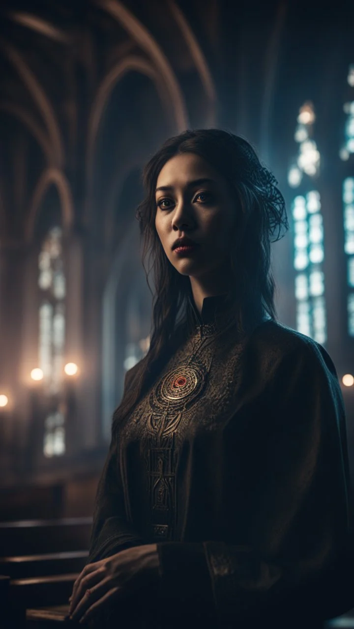 Shi Fi, a beautiful American woman in the church , atmospheric lighting effects, intricate industrial details, moody atmosphere, eerie grimdark ambiance, complex motherboard accents, speculative fiction art. Bokeh