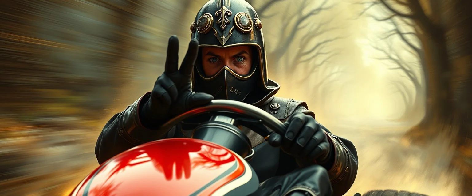 gokart mozart crusader with gloves bewildered looks beyond really powerful, fantasy illustration in the style of Rembrandt, motion blur background