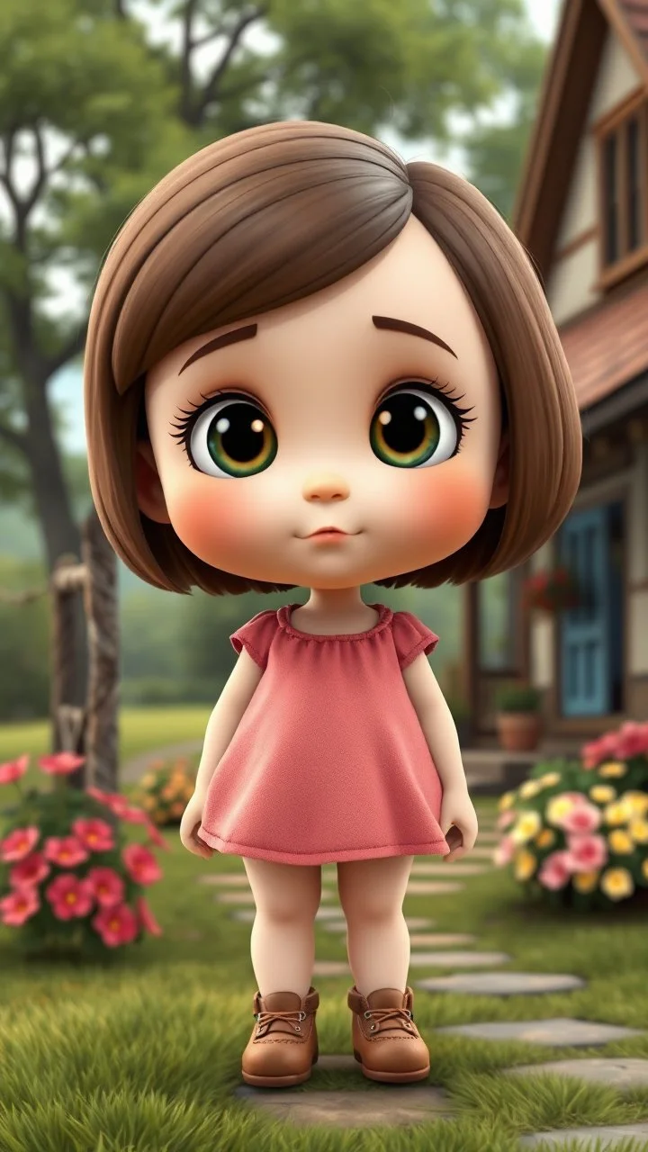 cartonic Chubby child girl big eyes with realistic face and bob hair and in pretty top and short tight and nice shoes,standing in country side next to country house with flowers,trees.