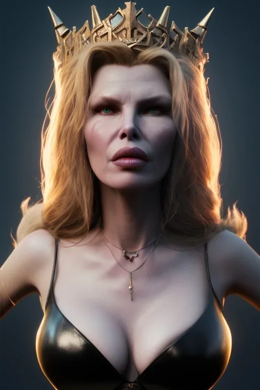 Kim Basinger as evil queen in black leather, busty, cleavage, curvy, angry, stern look. character design by cory loftis, fenghua zhong, ryohei hase, ismail inceoglu and ruan jia. unreal engine 5, artistic lighting, highly detailed, photorealistic, fantasy