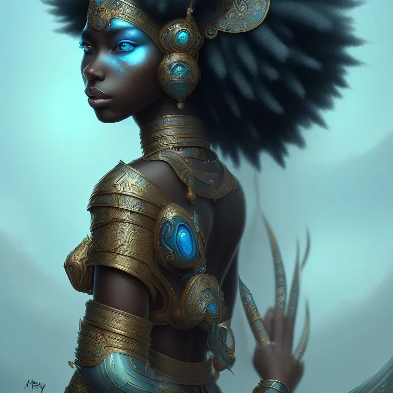 sango fantasy, fantasy magic, intricate, sharp focus, illustration, highly detailed, digital painting, concept art, matte, masterpiece head sexy view black African beauty black afro hair space lady turquoise tiger skin Indonesian princess facing forward