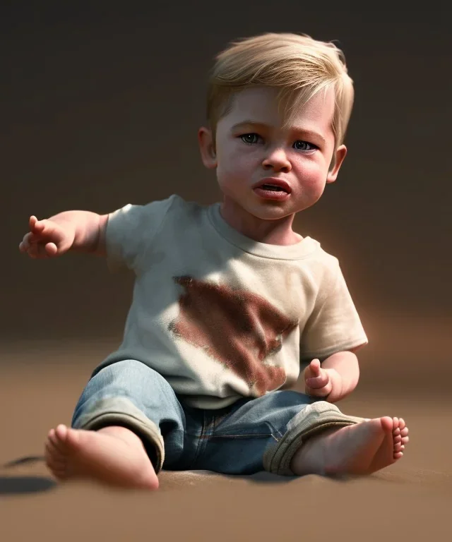 Brad Pitt toddler, full body, shoe, car, soft, dramatic lighting, hyper realistic