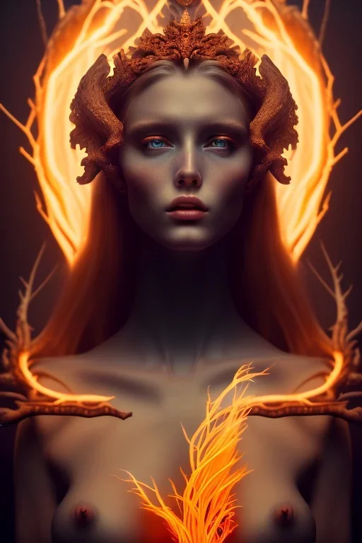 portrait photography of an ethereal beautiful animal goddess, Fire theme art, Dark moody night atmosphere, Portrait of a woman by Michelangelo, 8K, close-up face, anatomically perfect face, oak tree roots, ignore NSFW