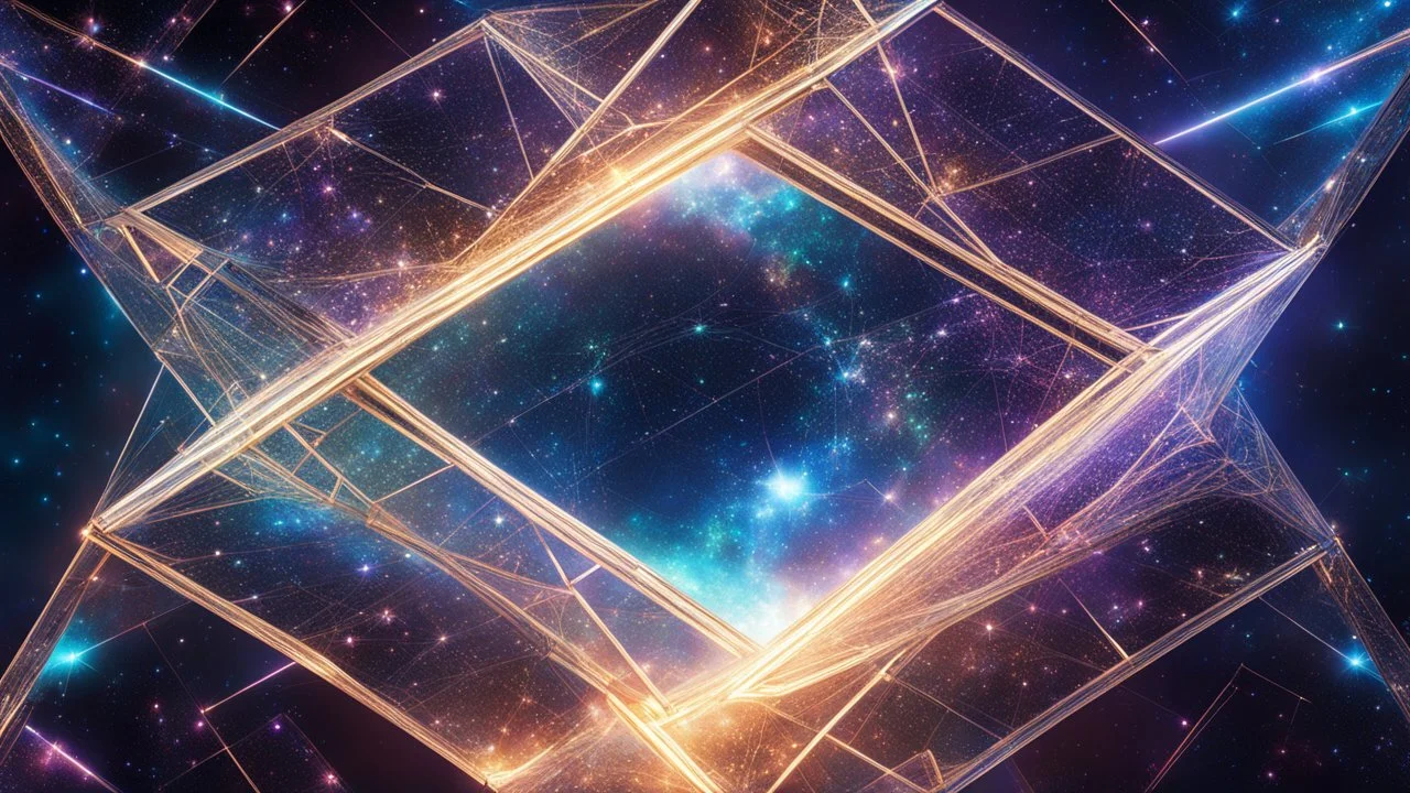 21994, geometric framework, outer space, sparkling lights, iridescent, exquisite beauty, formality, teleportation, fantasy world, luminous 3D complex structure, galaxies, beautiful composition, exquisite detail, 135mm lens