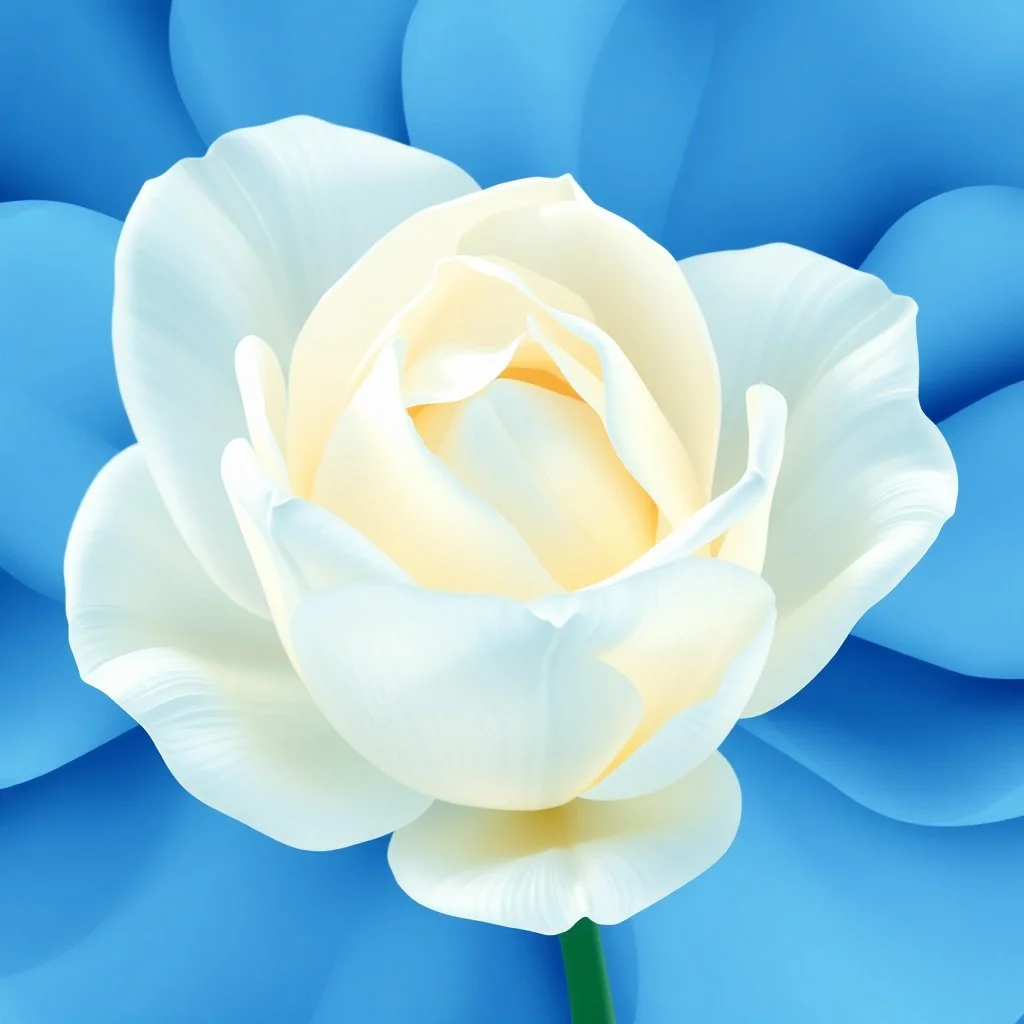 Create a detailed digital illustration of a white rose in soft and abstract style. The background should be composed of blue petals that gradually transition to a creamy butter-colored center, with the petal tips delicately tinted in a noble, pale blue. The transitions between colors should be seamless and smooth, with no sharp edges, giving the petals an ethereal, veil-like, silky appearance. Focus on capturing the soft texture and gentle flow of the tulip petals, creating a dreamy and elega