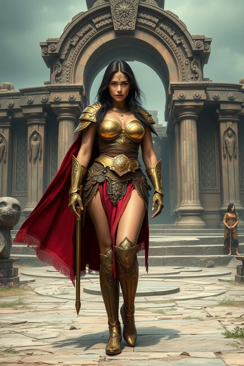 super beaty woman, good body, a lot big bubs, nice body, model style, milf, dress a small golden armour, asiatic, cape, rude mode, stay on ansient temple ruins.