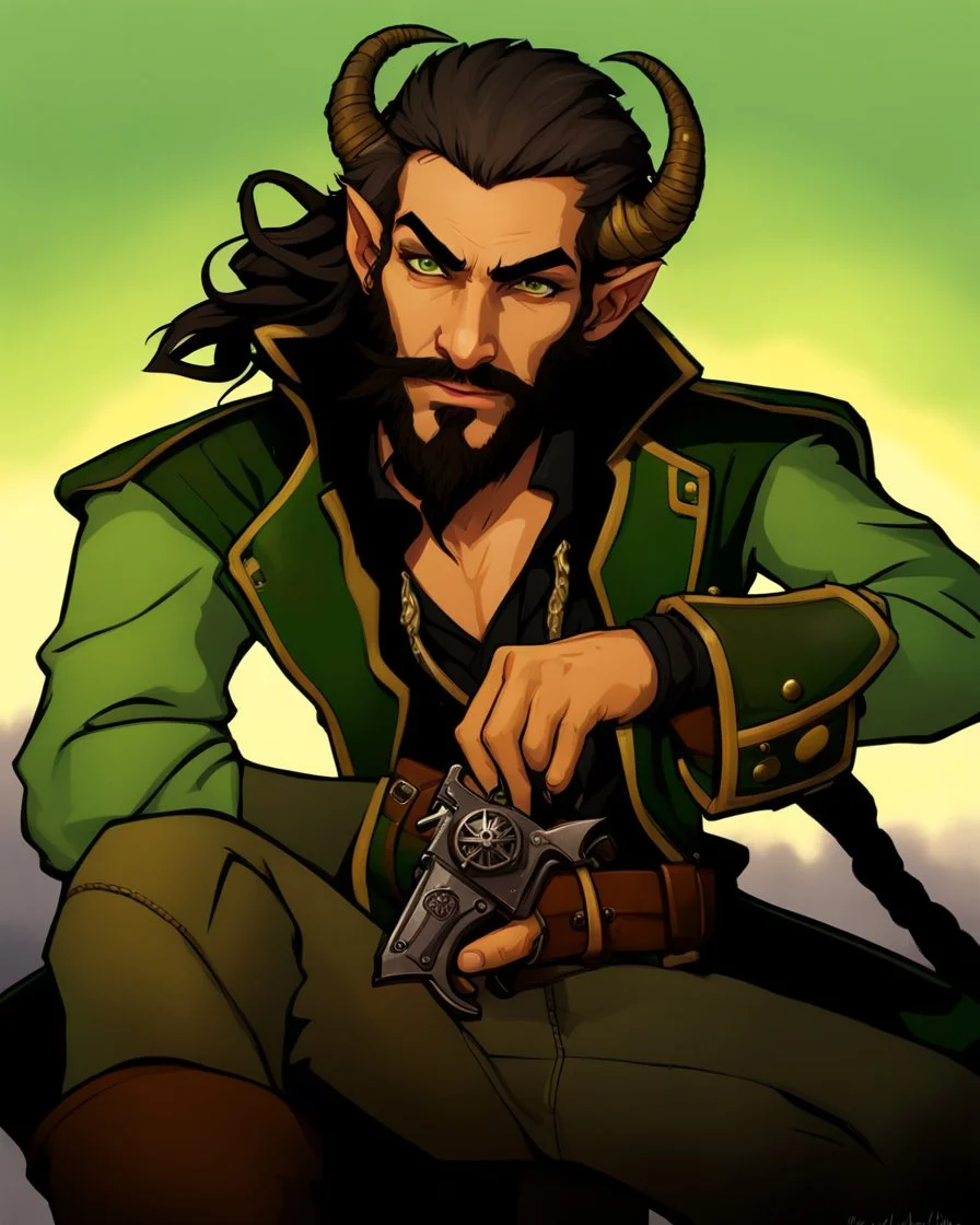 fantasy demon tiefling horned, small ram horns, pale skin, gray skin, rogue scoundrel happy go lucky, cheeky smirk, winking, gunslinger pirate pistol, pirate gear, yellow shining cat eyes, black neck length hair, short black beard, green jacket, leather ammo belt, braided goatee