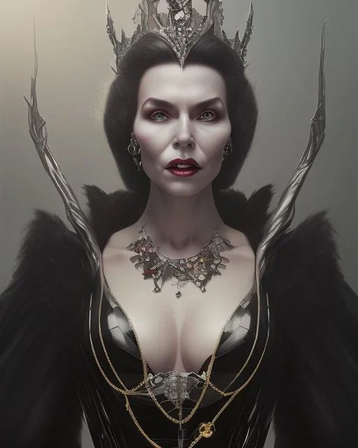 old evil queen in black leather gown, femme fatale, volouptous, busty, cleavage, angry, emperious, 8k resolution concept art portrait by Greg Rutkowski,