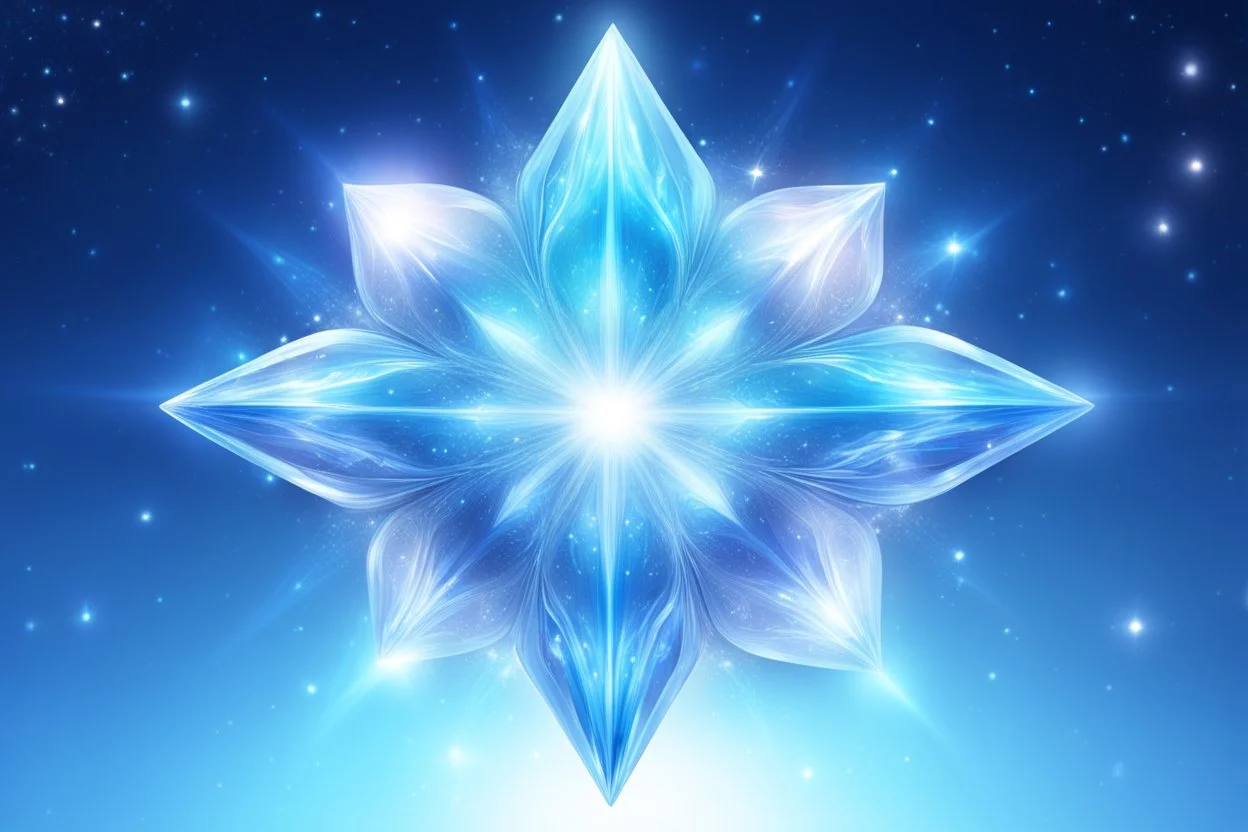 cosmic crystal light blu and white. it's glossy and suspended in a light sky with stars galaxy and bright